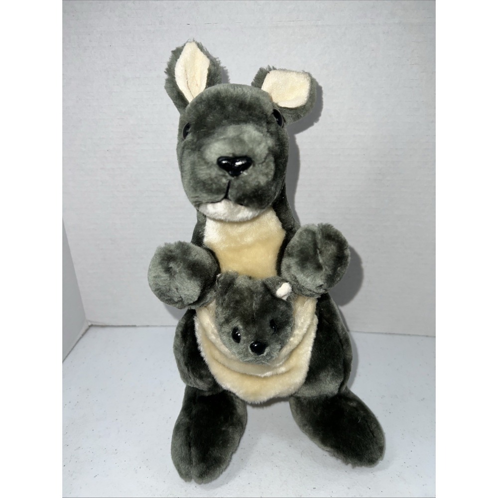Vintage Calplush Gray Plush Kangaroo With Baby Joey Stuffed Animal Toy 12"